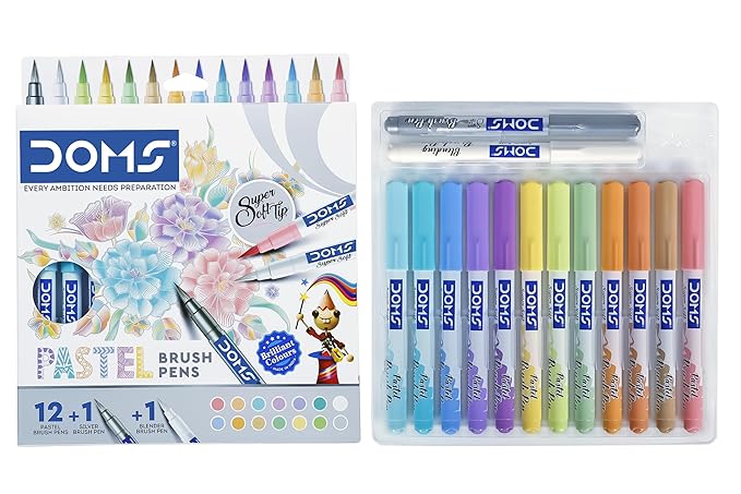 Doms Super Soft Tip Pastel Shades Brush Pen Set | 12 Pastel Shades + 1 Silver Shade + 1 Blender | Ideal for Doodling, Illustrations, Calligraphy, Artists, Studenst & Professioanls | Pack of 1