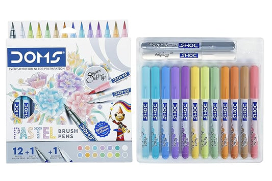 Doms Super Soft Tip Pastel Shades Brush Pen Set | 12 Pastel Shades + 1 Silver Shade + 1 Blender | Ideal for Doodling, Illustrations, Calligraphy, Artists, Studenst & Professioanls | Pack of 1