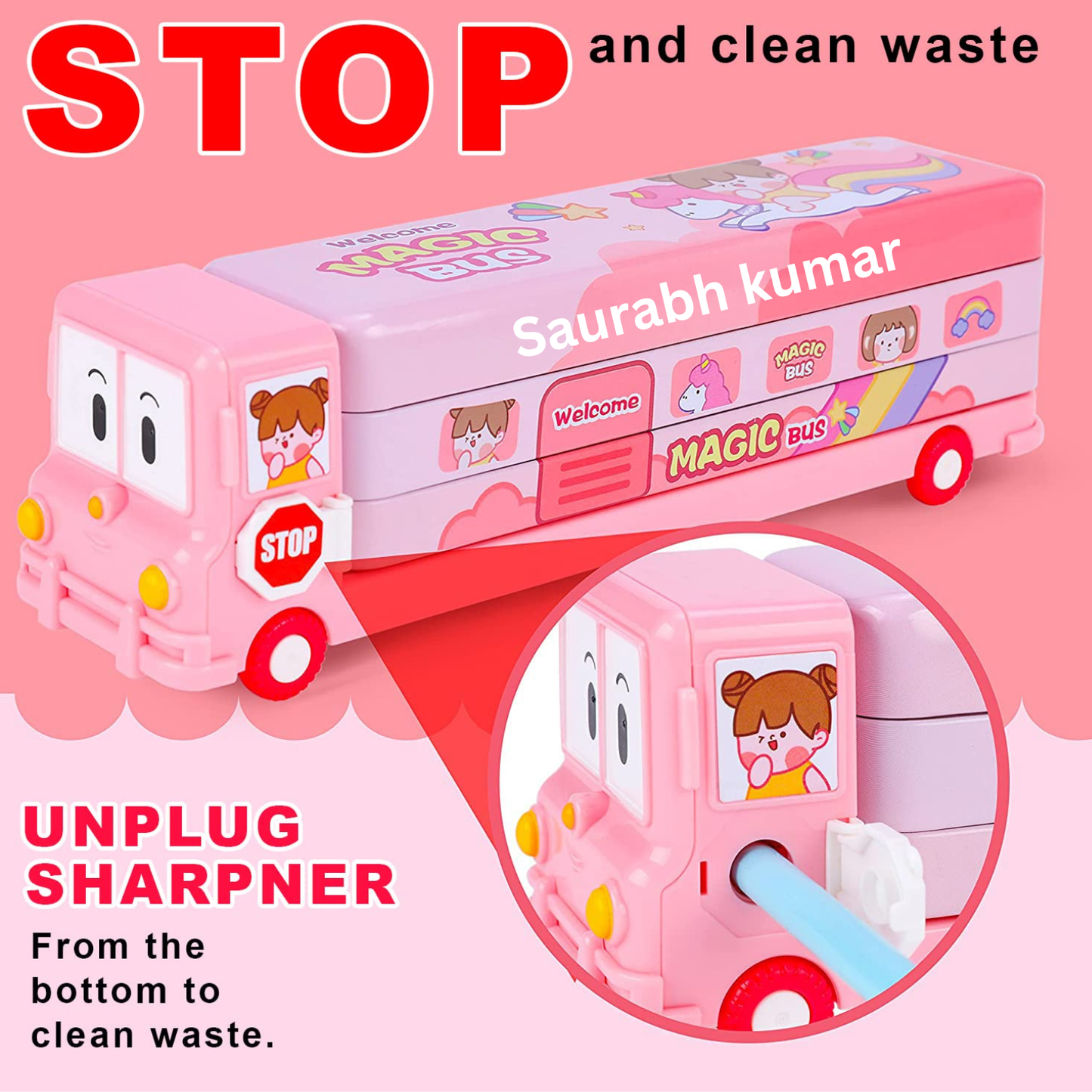 PERSONALIZED Metal Bus Pencil Box Name + Doms Y1 with Name + 1 Round Shape Eraser