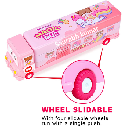 PERSONALIZED Metal Bus Pencil Box Name + Doms Y1 with Name + 1 Round Shape Eraser