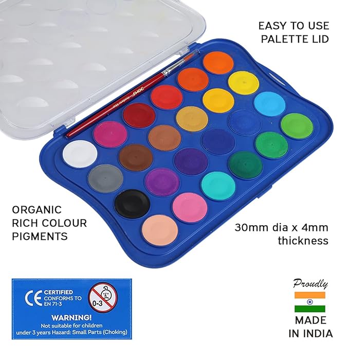 Doms 24 Shades 30mm Water Colour Cakes | Easy to Use Palette Lid | Organic Rich Colour Pigments | Free Brush Inside | Non-Toxic & Safe for Kids | Pack of 1