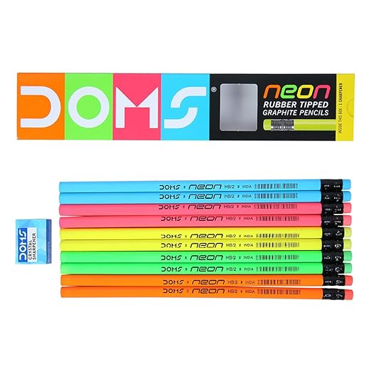 Doms Neon Rubber Tipped HB/2 Graphite Pencils Box Pack | Non-Toxic | Free Sharpner Inside The Box | Easy & Smooth Sharpening | Pack Of 50 Pencils