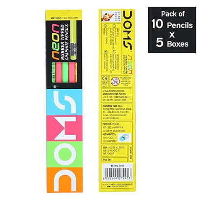 Doms Neon Rubber Tipped HB/2 Graphite Pencils Box Pack | Non-Toxic | Free Sharpner Inside The Box | Easy & Smooth Sharpening | Pack Of 50 Pencils