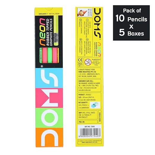 Doms Neon Rubber Tipped HB/2 Graphite Pencils Box Pack | Non-Toxic | Free Sharpner Inside The Box | Easy & Smooth Sharpening | Pack Of 50 Pencils