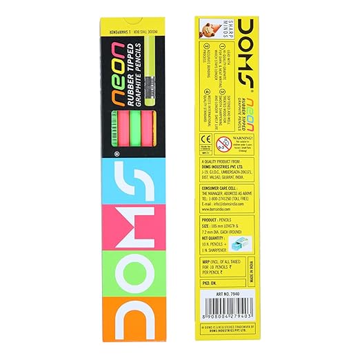 Doms Neon Rubber Tipped HB/2 Graphite Pencils Box Pack | Non-Toxic | Free Sharpner Inside The Box | Easy & Smooth Sharpening | Pack Of 50 Pencils