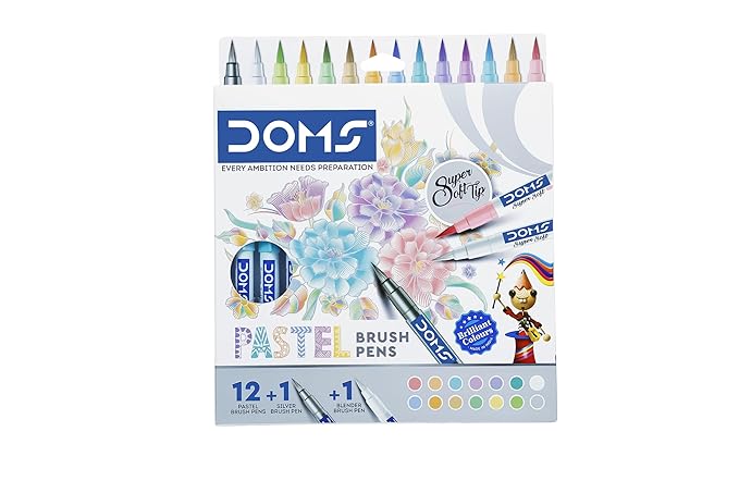Doms Super Soft Tip Pastel Shades Brush Pen Set | 12 Pastel Shades + 1 Silver Shade + 1 Blender | Ideal for Doodling, Illustrations, Calligraphy, Artists, Studenst & Professioanls | Pack of 1