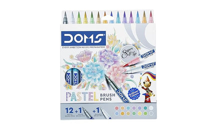 Doms Super Soft Tip Pastel Shades Brush Pen Set | 12 Pastel Shades + 1 Silver Shade + 1 Blender | Ideal for Doodling, Illustrations, Calligraphy, Artists, Studenst & Professioanls | Pack of 1