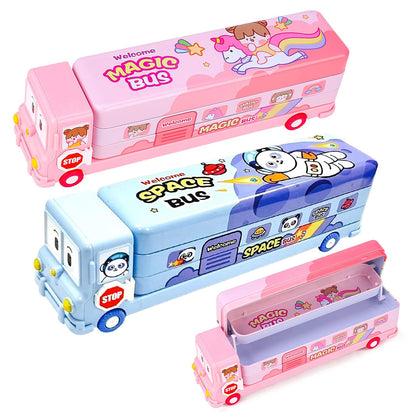 PERSONALIZED Metal Bus Pencil Box Name + Doms Y1 with Name + 1 Round Shape Eraser