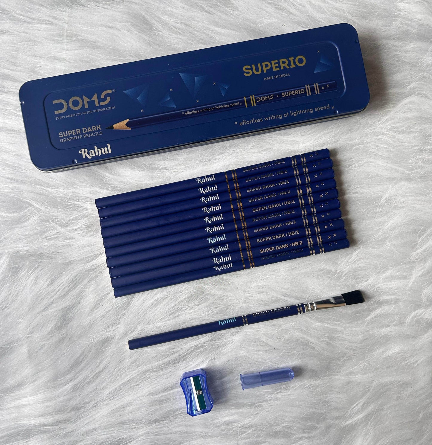 PERSONALIZED DOMS Superio Super Dark With Tin Box Pencil  (Set of 10, Blue) With Name on Box and each Pencil