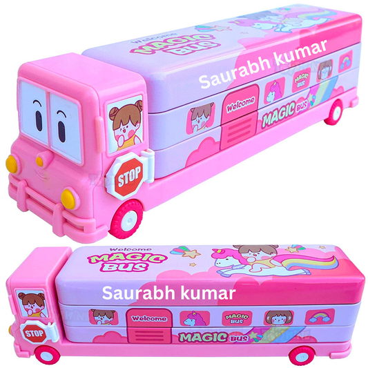 PERSONALIZED Metal Bus Pencil Box for Kids Magic Bus with Built-in Sharpener