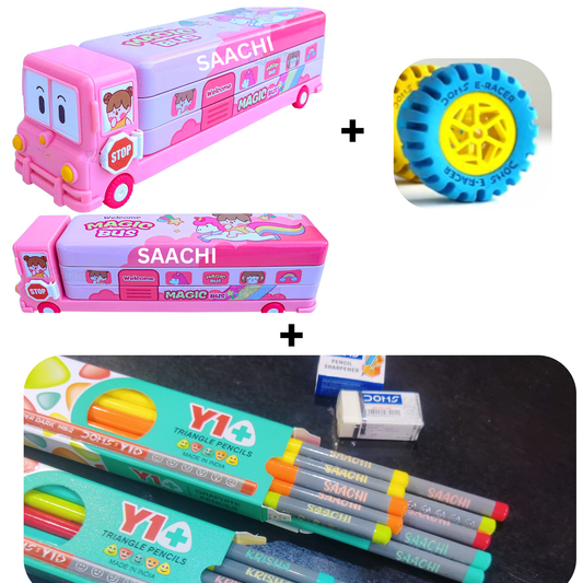 PERSONALIZED Metal Bus Pencil Box Name + Doms Y1 with Name + 1 Round Shape Eraser