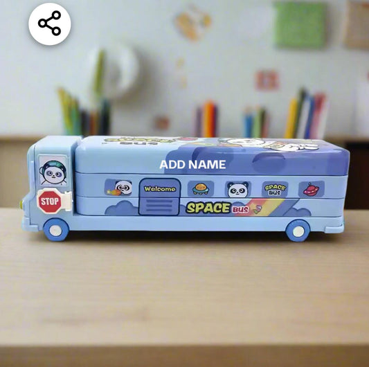 PERSONALIZED Metal Bus Pencil Box for Kids Magic Bus with Built-in Sharpener